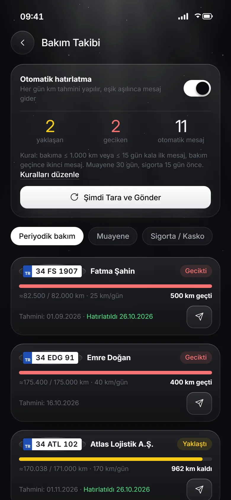 Bakım takibi ekranı