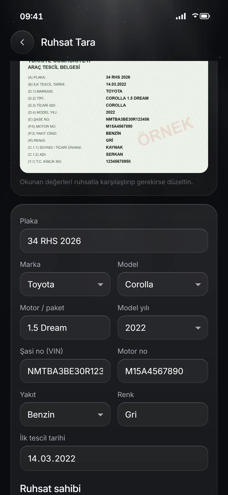 Ruhsat tarama ekranı